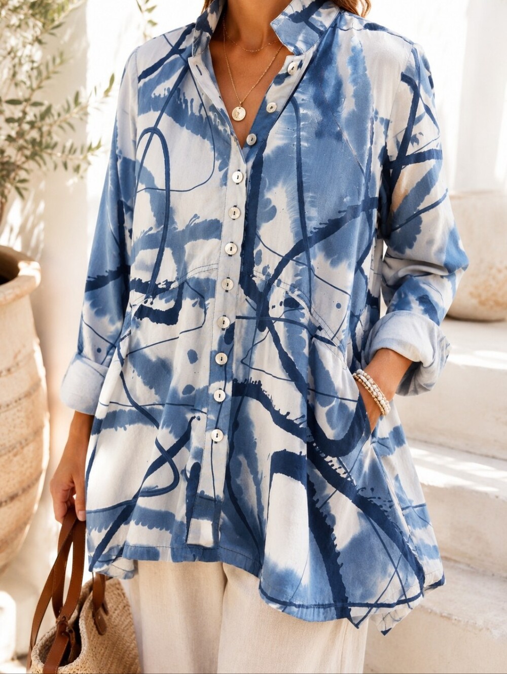 Blue Sky Fair Trade Abstract Print Tunic Top Jacket Large Rayon Artwear